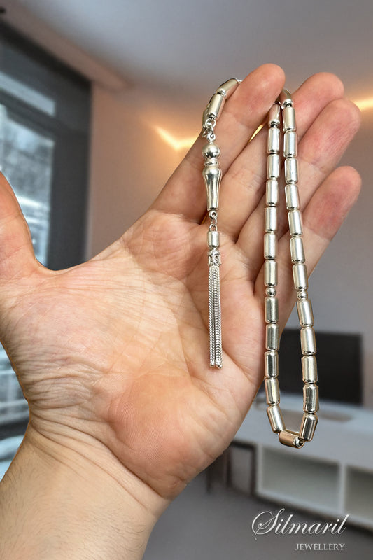 Erkekler İçin Lüks Seçim: 925 Ayar Özel Tasarım Tamamı Parlak Gümüş Tespih