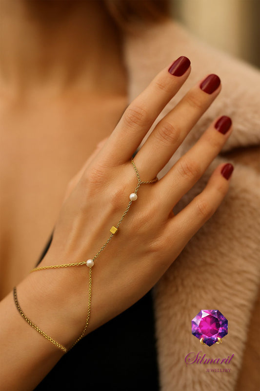 Altın Renk Paslanmaz Çelik Küp ve İnci Figürlü Kadın Şahmeran - Stainless Steel 316L