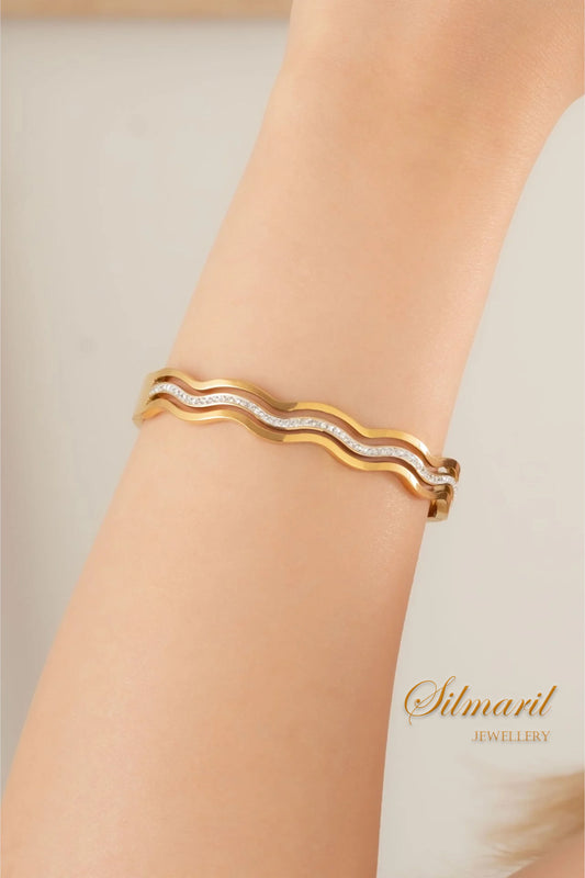 Altın Kaplama Zikzak Taşlı Çelik Bileklik – Kararma ve Solma Yapmaz - Stainless Steel