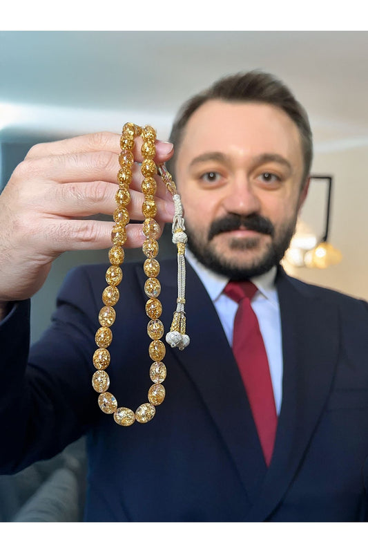 22 Ayar Golden Rosary 0,07 gram Yenilebilir Altın Parçacıklı Gümüş Püsküllü Plexiglass Lüx Tespih