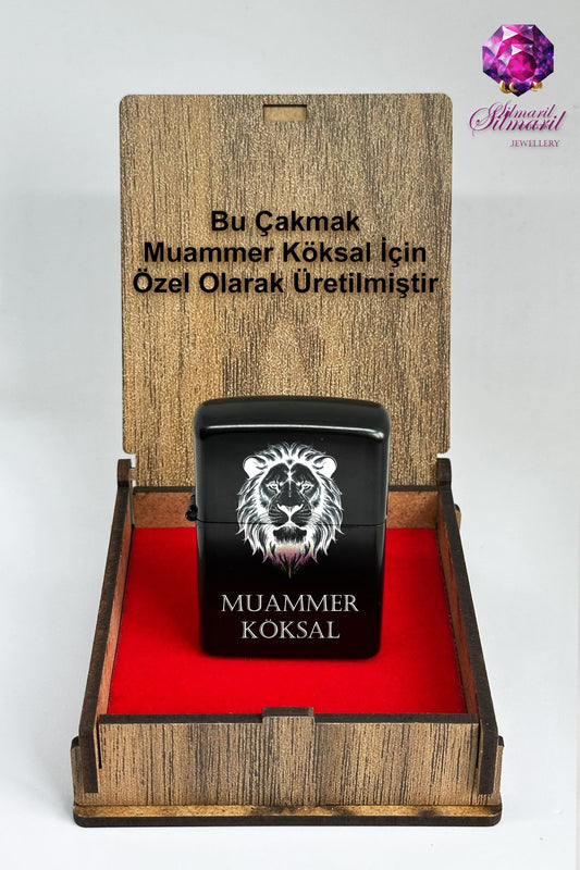 İsme Özel Siyah Benzinli Kapaklı Çakmak – İsme Özel Ahşap Kutulu, Kişiye Özel Hediyelik Model