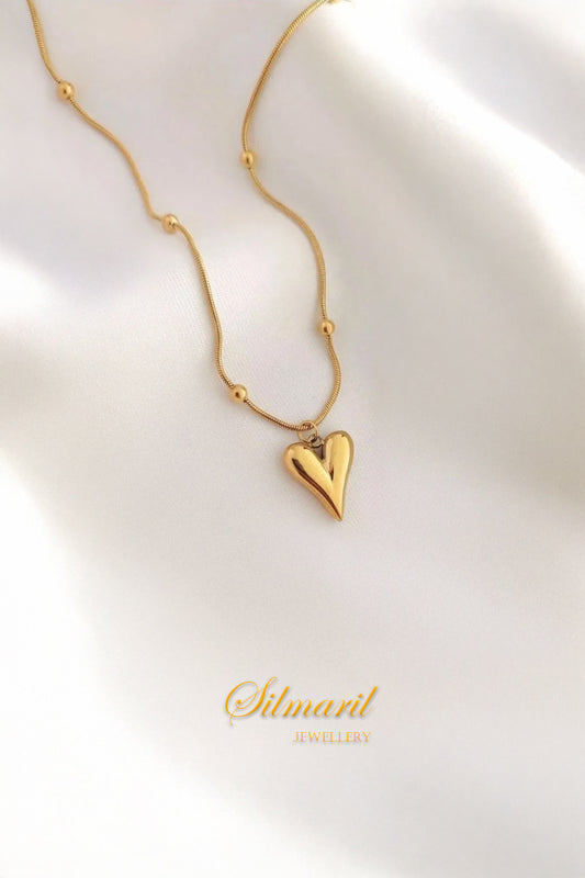 Altın Kaplama Dorika Zincirli Çelik Kalpli Kadın Kolye - 316L Stainless Steel Paslanmaz Çelik