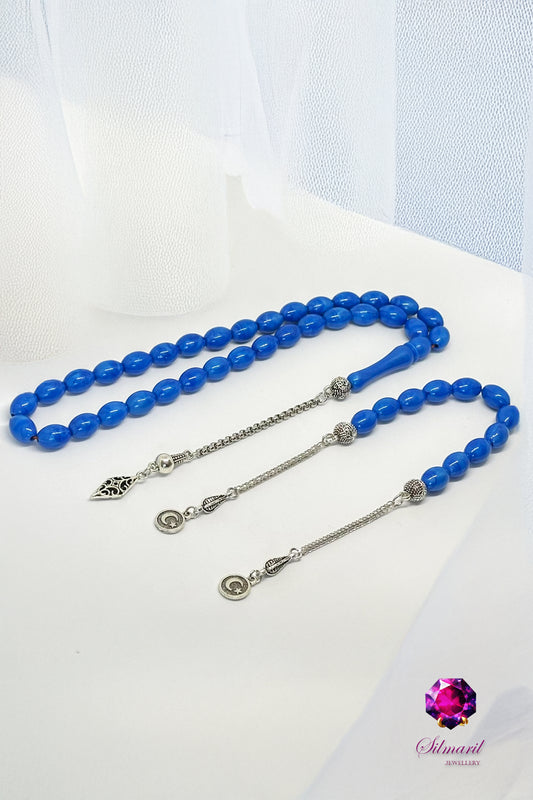 Orijinal Kehribar Tesbih ve Zaza Seti - Mavi Kehribar Tespih - Orijinal Kehribar Erkek Hediyelik