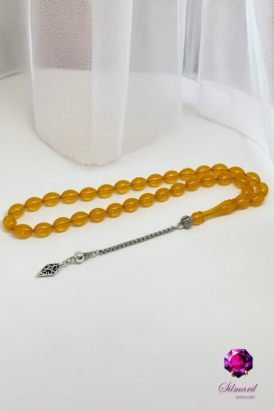 Erkek Hediyelik Kehribar Tesbih Hareli Sarı - Orijinal Kehribar Tespih